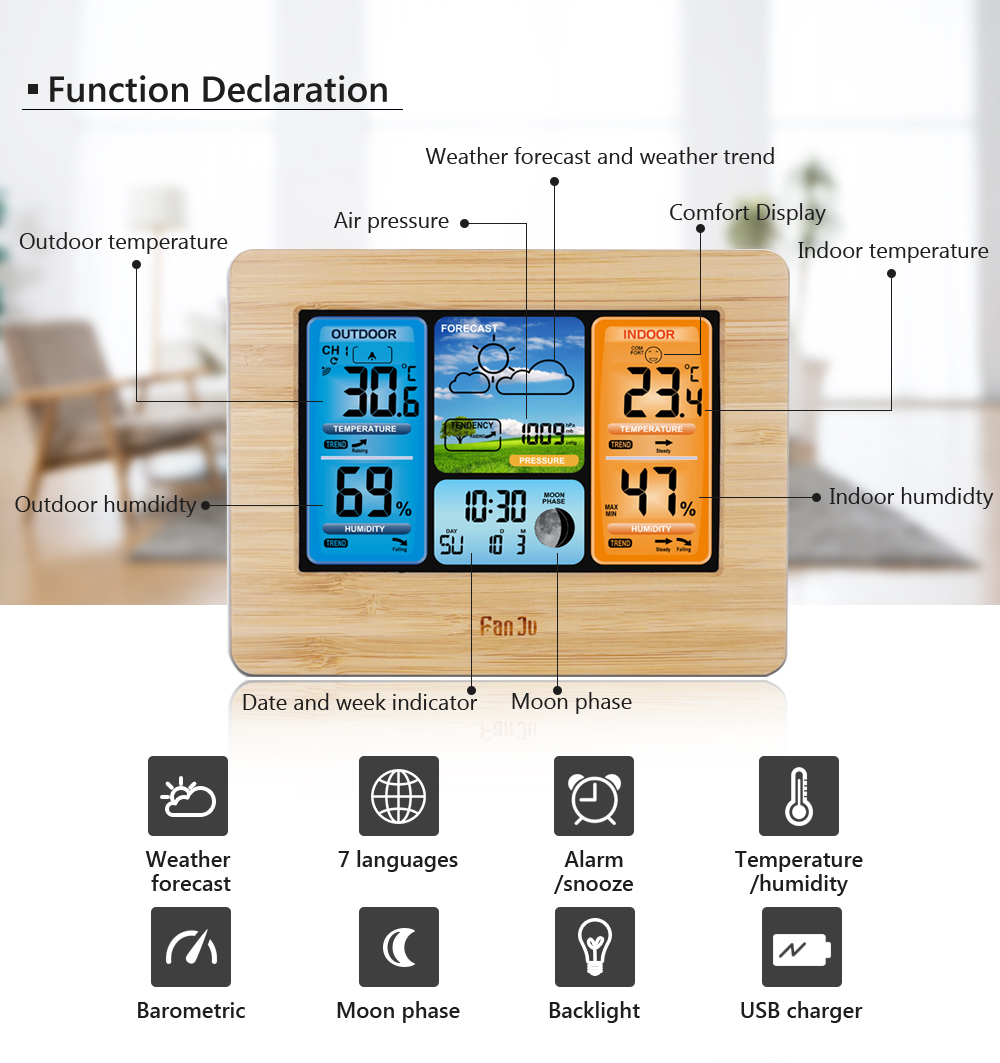 FanJu FJ3373 Digital Weather Station Alarm Clock with Temperature Humidity