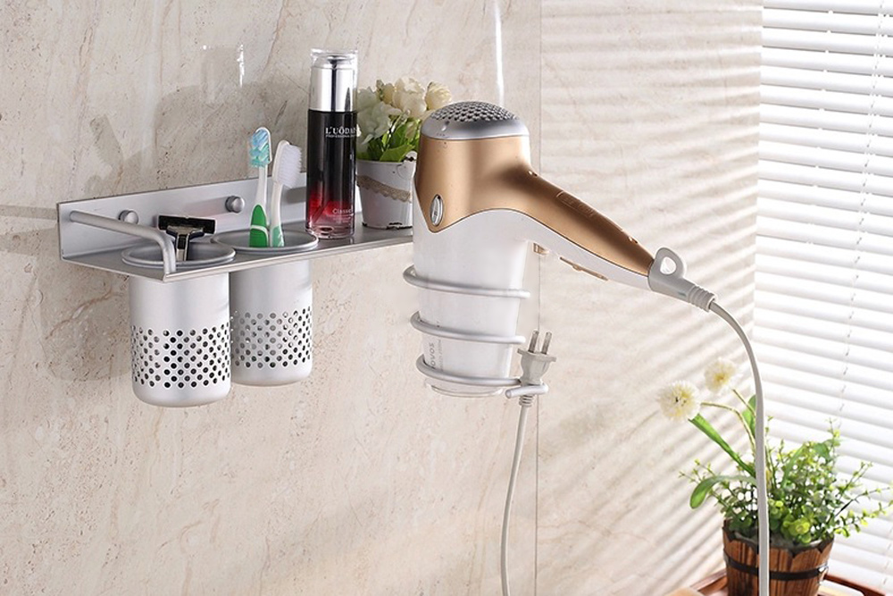 Multi-use Alumimum Hair Dryer Shelf Bathroom Storage Holder Comb Rack Wall Hanger with 2 Cups