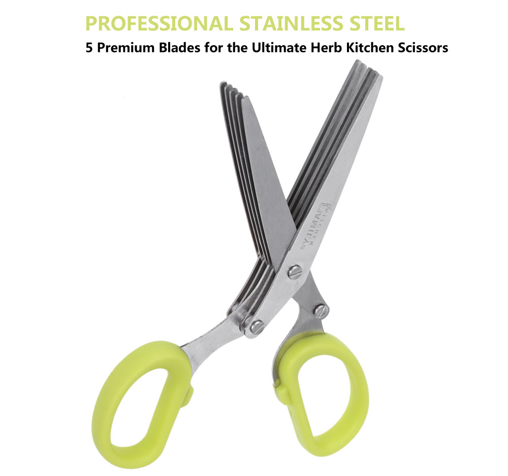 Stainless Steel Multipurpose 5 Blade Herb Scissors Kitchen Tool with Cleaning Comb