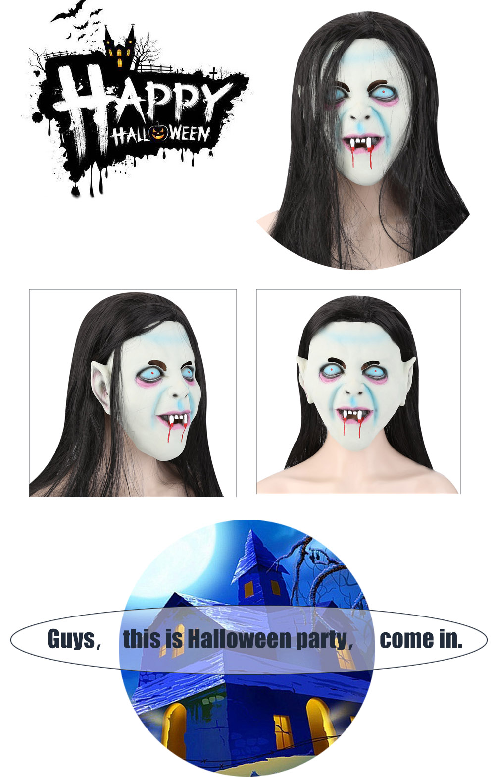 Horror Latex Mask with Wig Hair for The Grudge Sadako Ghost Figure Masquerade Halloween Party Bar