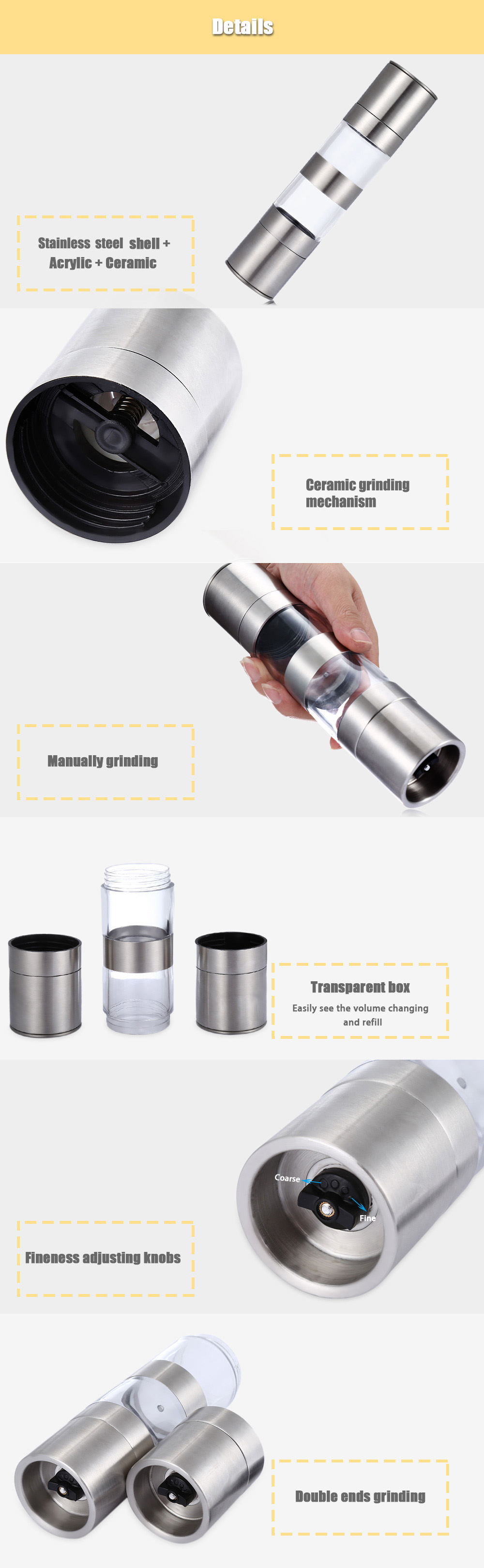 2 in 1 Manual Stainless Steel Pepper Salt Mill Grinder Kitchen Tool