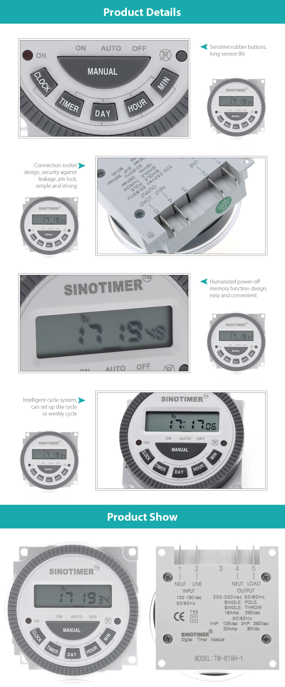 SINOTIMER 110V 16A LCD Digital Multipurpose 7 Days Programmable Control Power Timer Switch