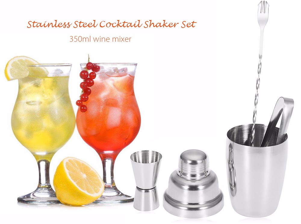 4pcs Set 350ML Stainless Steel Cocktail Shaker Mixing Spoon Measurer Ice Tong