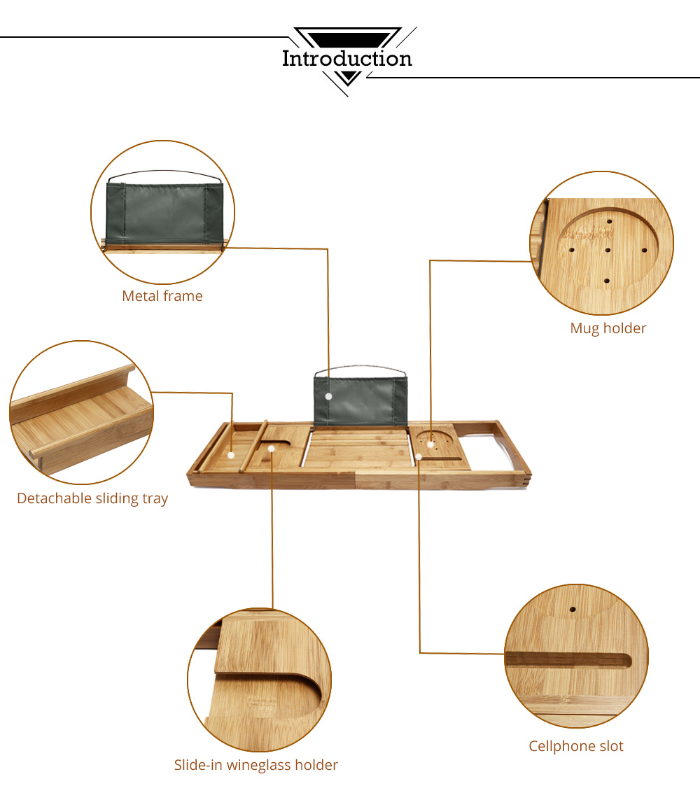 Luxury Extendable Bamboo Bathtub Caddy Tray for Mug Cellphone Tablet PC
