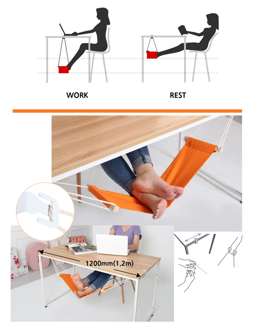 Adjustable Desk Foot Hammock Feet Rest Pedal for Office Home