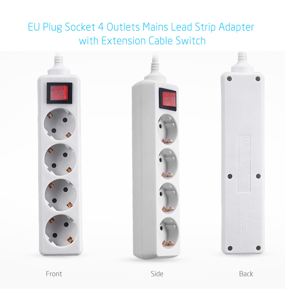 EU Plug Socket 4 Outlets Mains Lead Strip Adapter with Extension Cable Switch