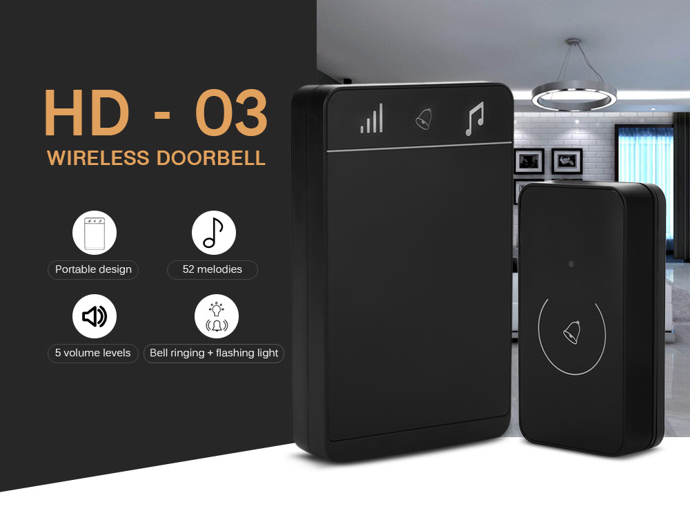 HD - 03 Portable Waterproof Wireless Doorbell Kit Touch Sensor Automatic Coding 150M Range with 52 Melodies 5 Volume Levels
