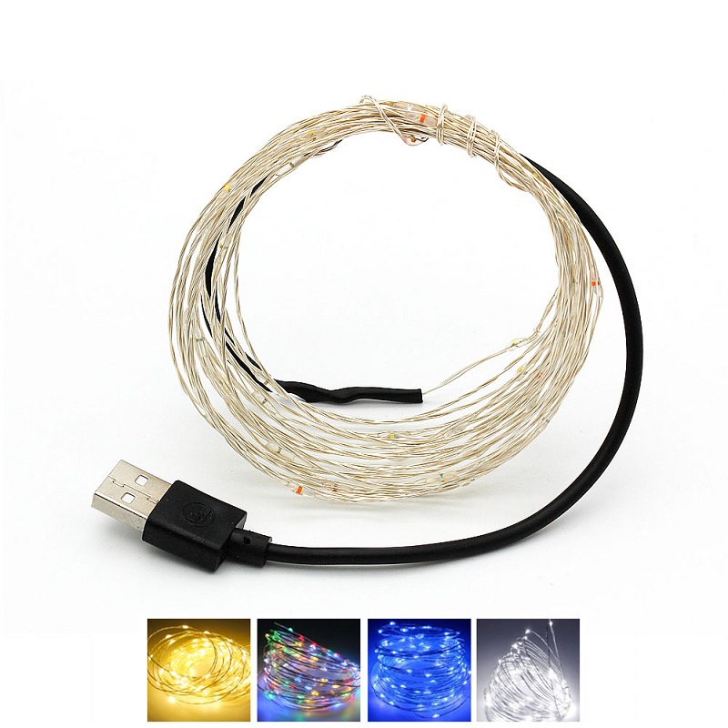 10M 100-LED Silver Wire Strip Light USB Power Supply Fairy Lights Garlands Christmas Holiday Wedding Party 1PC