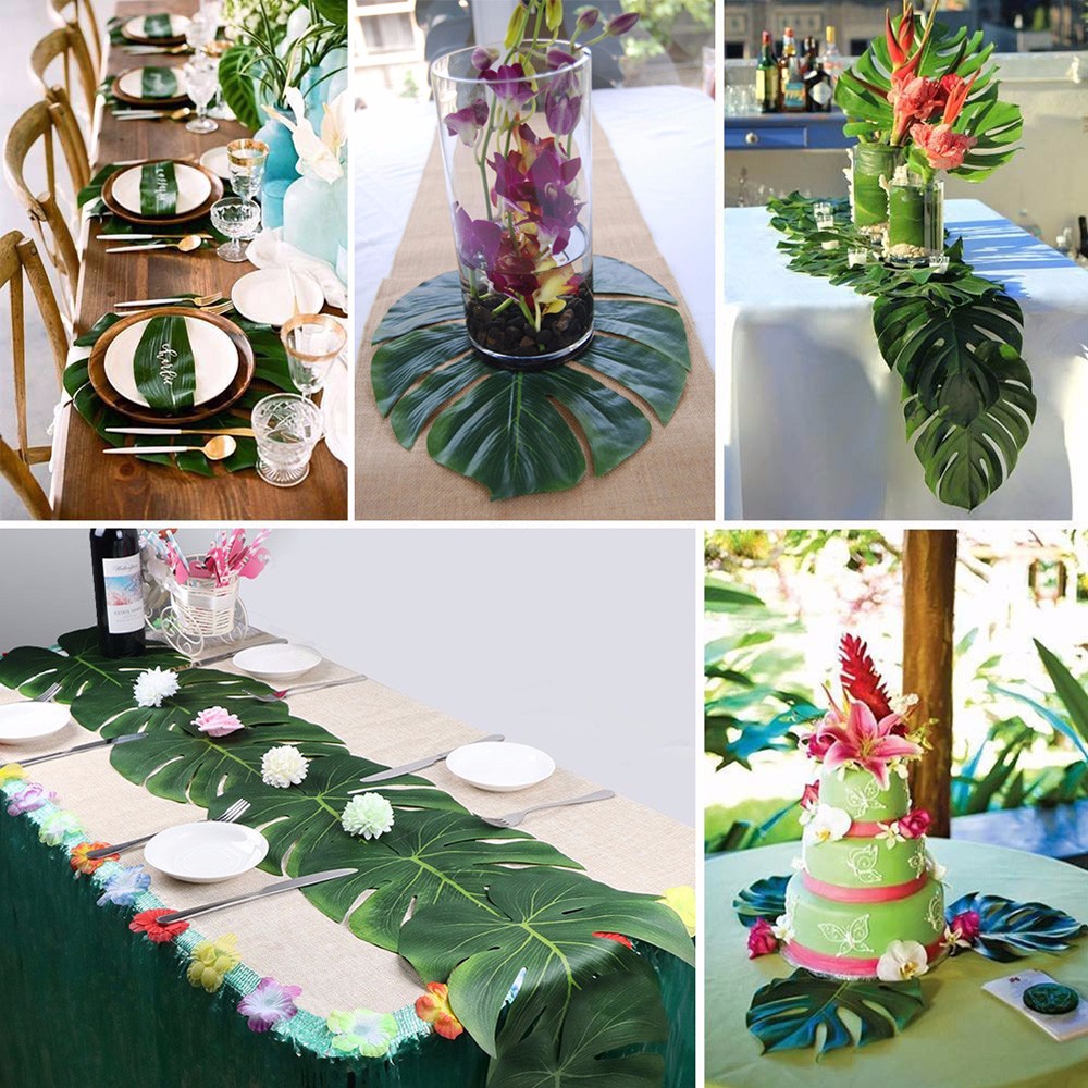 12pcs Large Artificial Tropical Palm Leaves 13.8 by 11.4 inch Luau Hawaiian Jungle Beach Party Table Decorations Supplies