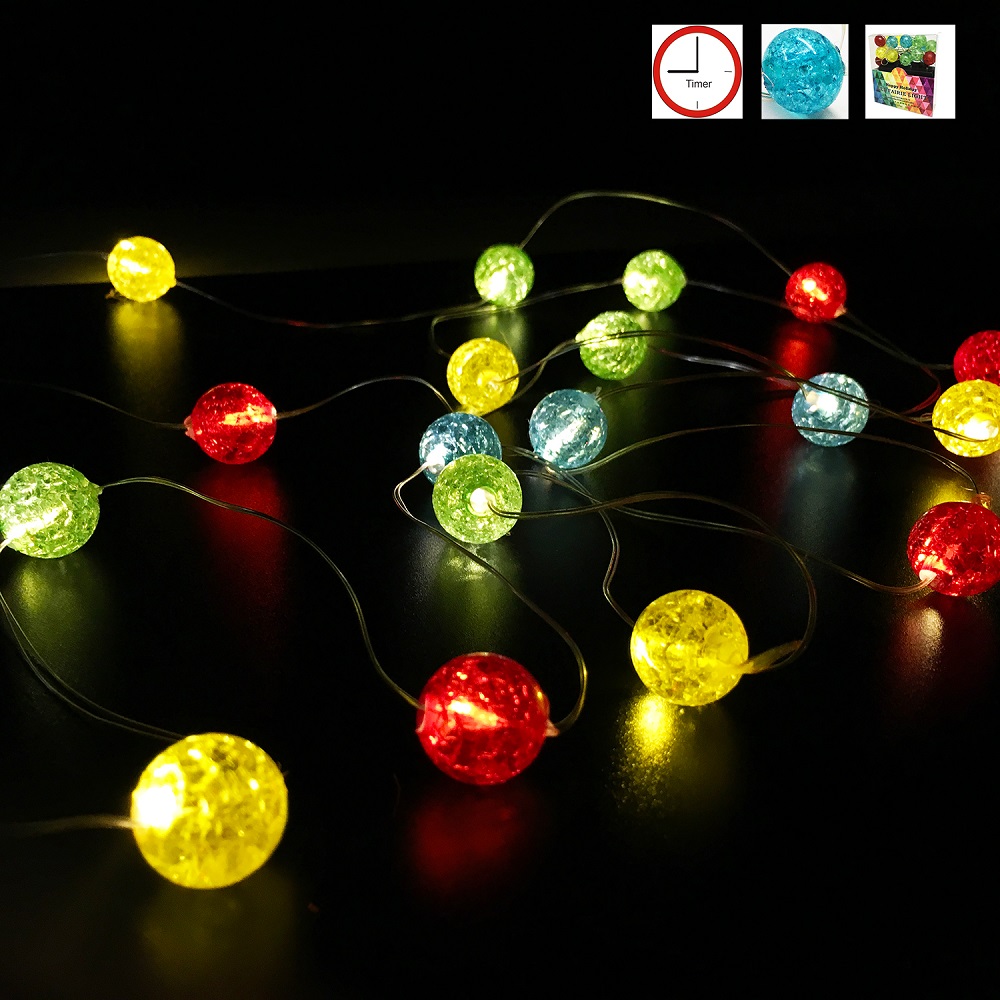 Color Glass Beads Shape String Lights for Patio Micro 2M 20-LED Timer Control Waterproof Battery Powered 5V