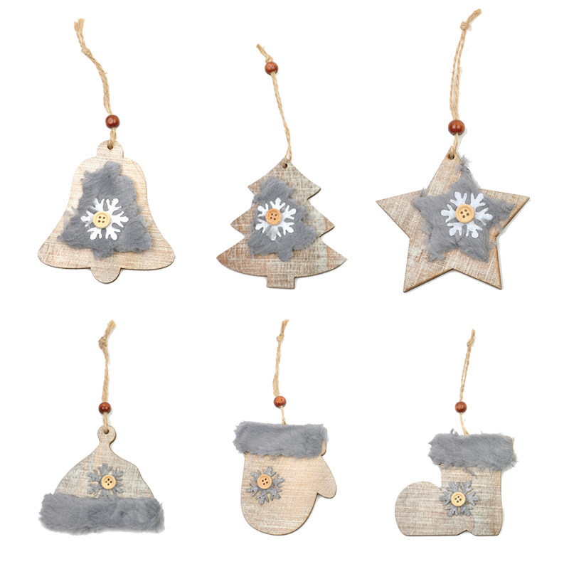 WS 6PCS New Pattern Christmas Tree Star Bell Wood Wool Drill Pendant Hat Gloves Boots Snow Button Ornaments