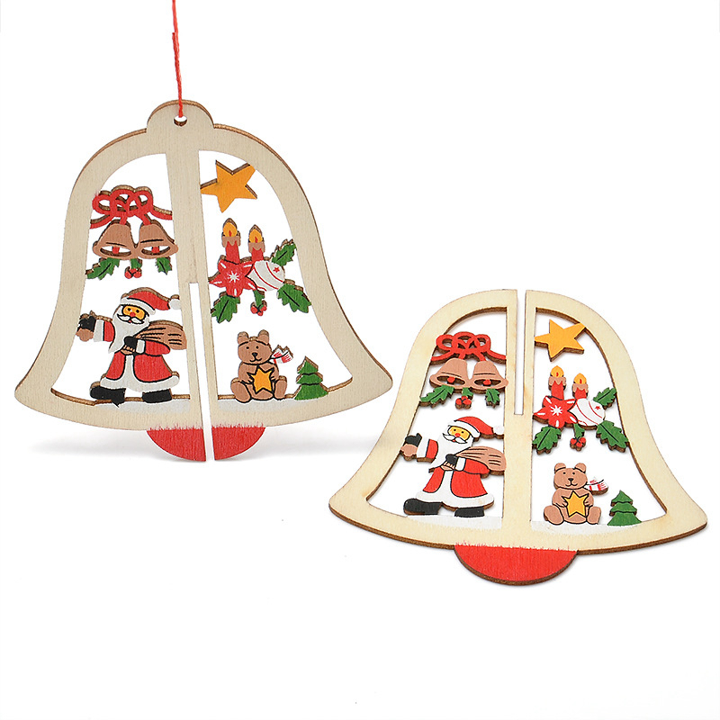 WS 3PCS Christmas Tree Ornament Accessories Wooden Bell Star Stereo Holiday Products