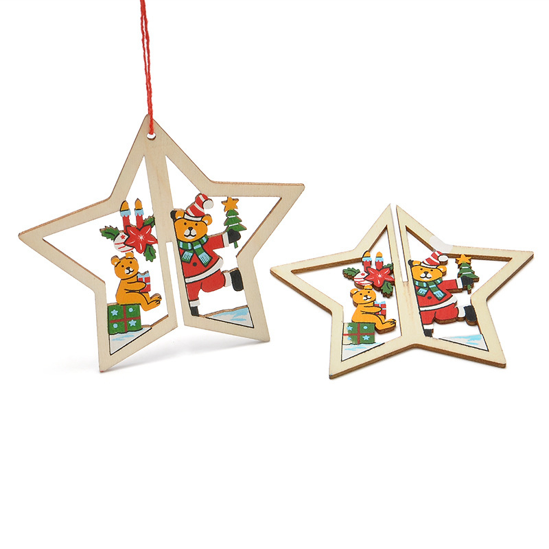 WS 3PCS Christmas Tree Ornament Accessories Wooden Bell Star Stereo Holiday Products