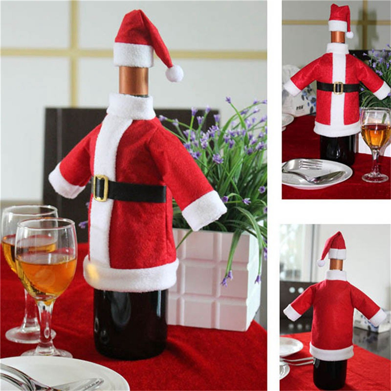 WS 2pcs/set lovely set of red wine bottle covers Christmas dinner table decorations clothes and hats home decorations Christmas decorations