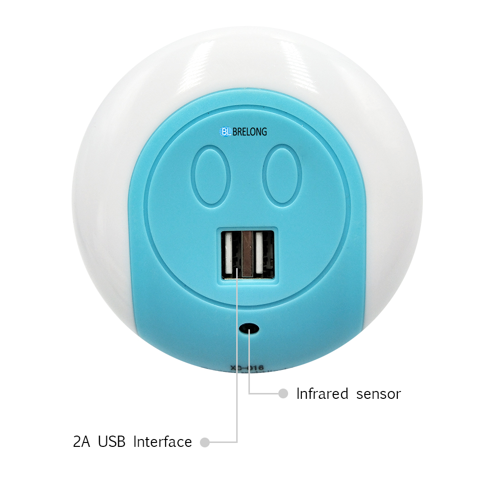 BRELONG LED Night Light Dual USB Port Wall Charger Light Sensor 2A 110-240V US