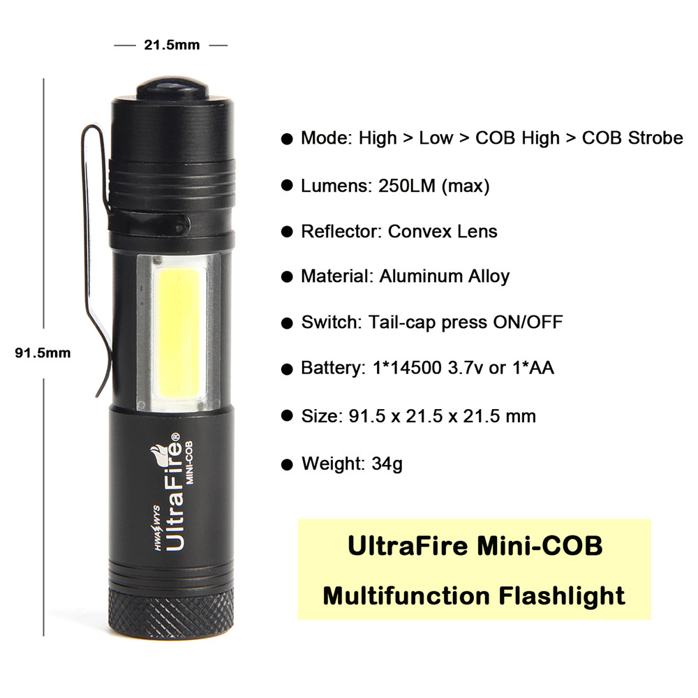 UltraFire MINI - COB 250 Lumens XPE 4 Gear Clip Light Flashlight