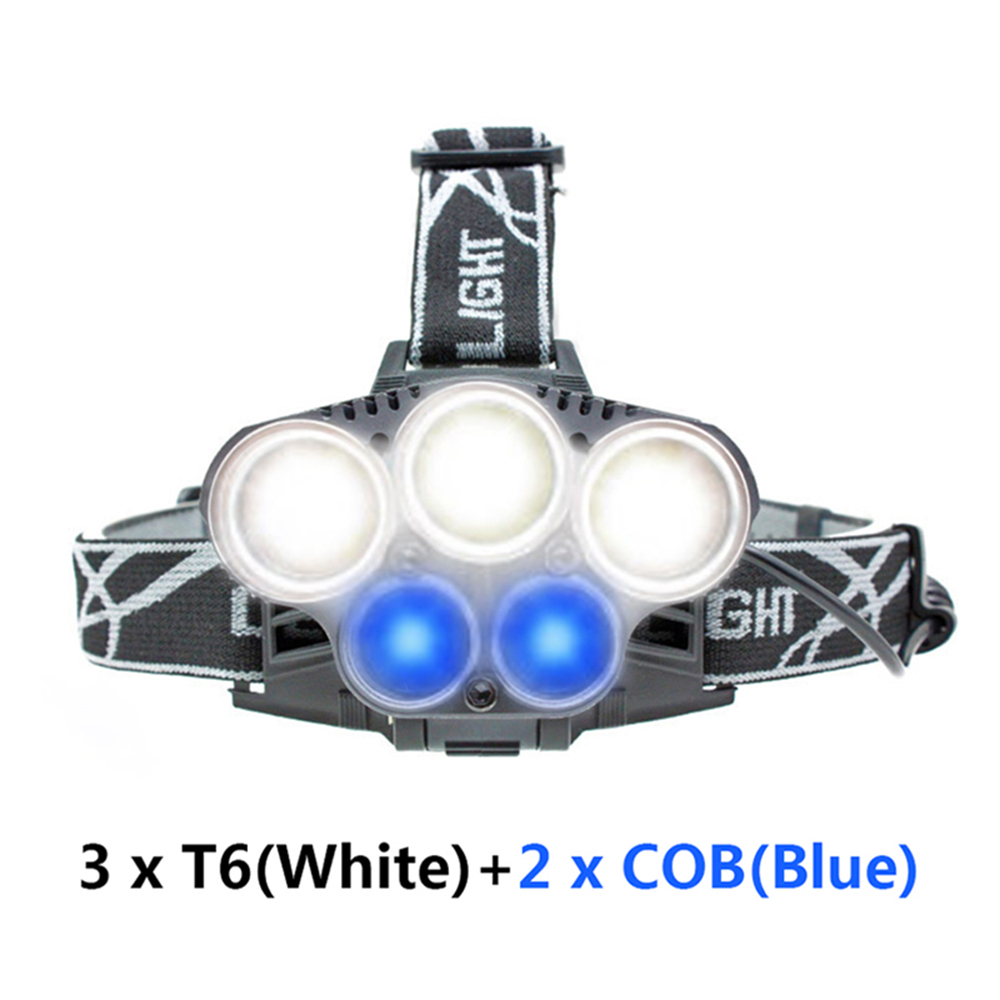 BRELONG LED Headlamp 5LEDs 18650 Battery USB White Blue Light
