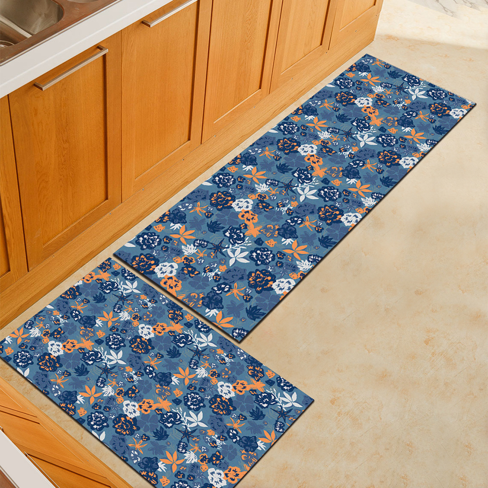 Blue Bottom Floret Kitchen Bedroom Super Soft Carpet Machine Washable