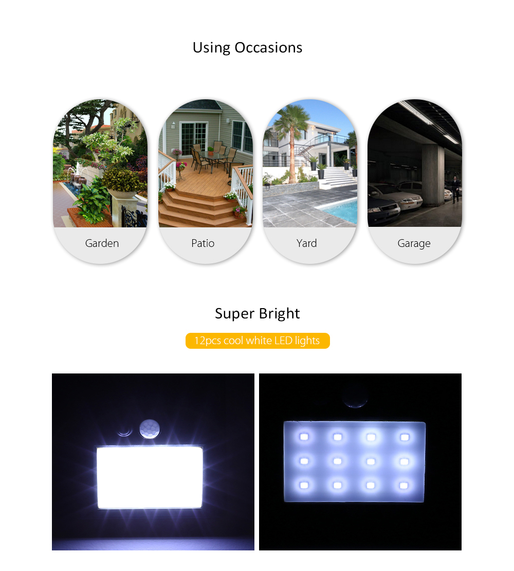 YM - SHS - 001 12 LEDs Solar Motion Sensor Wall Light IP65 Waterproof for Outdoors Garden Patio Yard Garage Dim Type