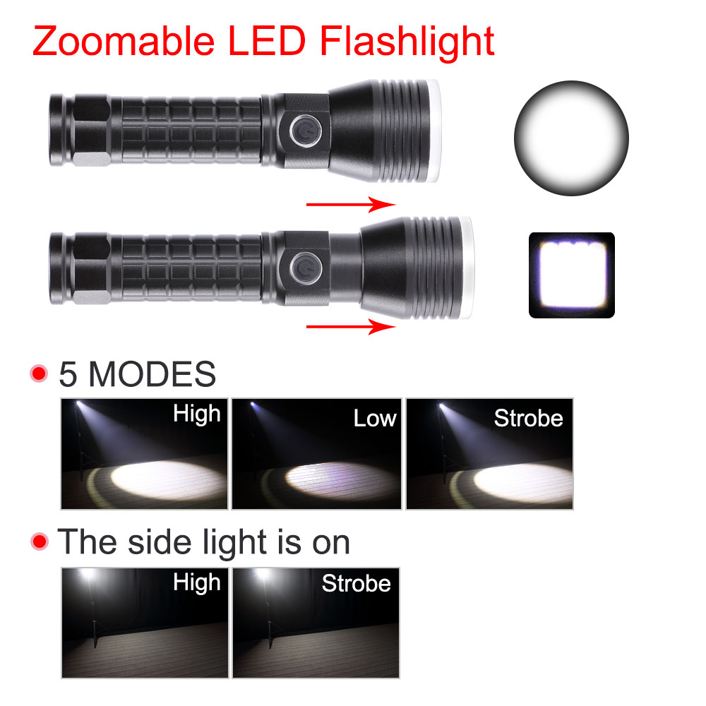 U`King ZQ-X1177 XML-T6 1000LM 5 Mode Rechargeable Zoomable Magnetic Flashlight Torch With Side Lamp