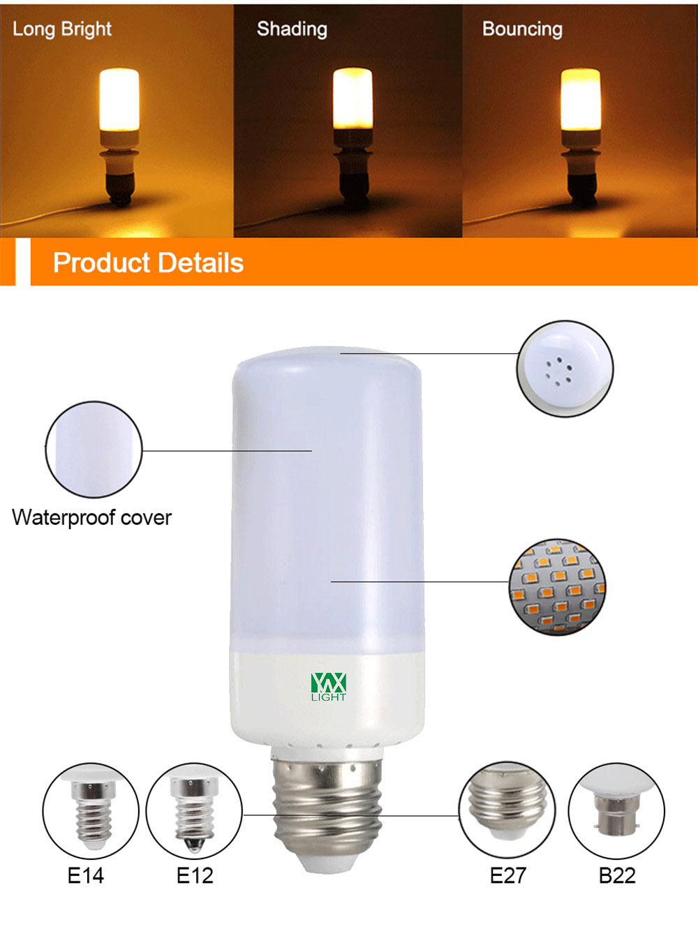 YWXLight B22 LED Flame Effect Fire Light Bulbs Flickering Emulation Flame Lamp AC85-265V