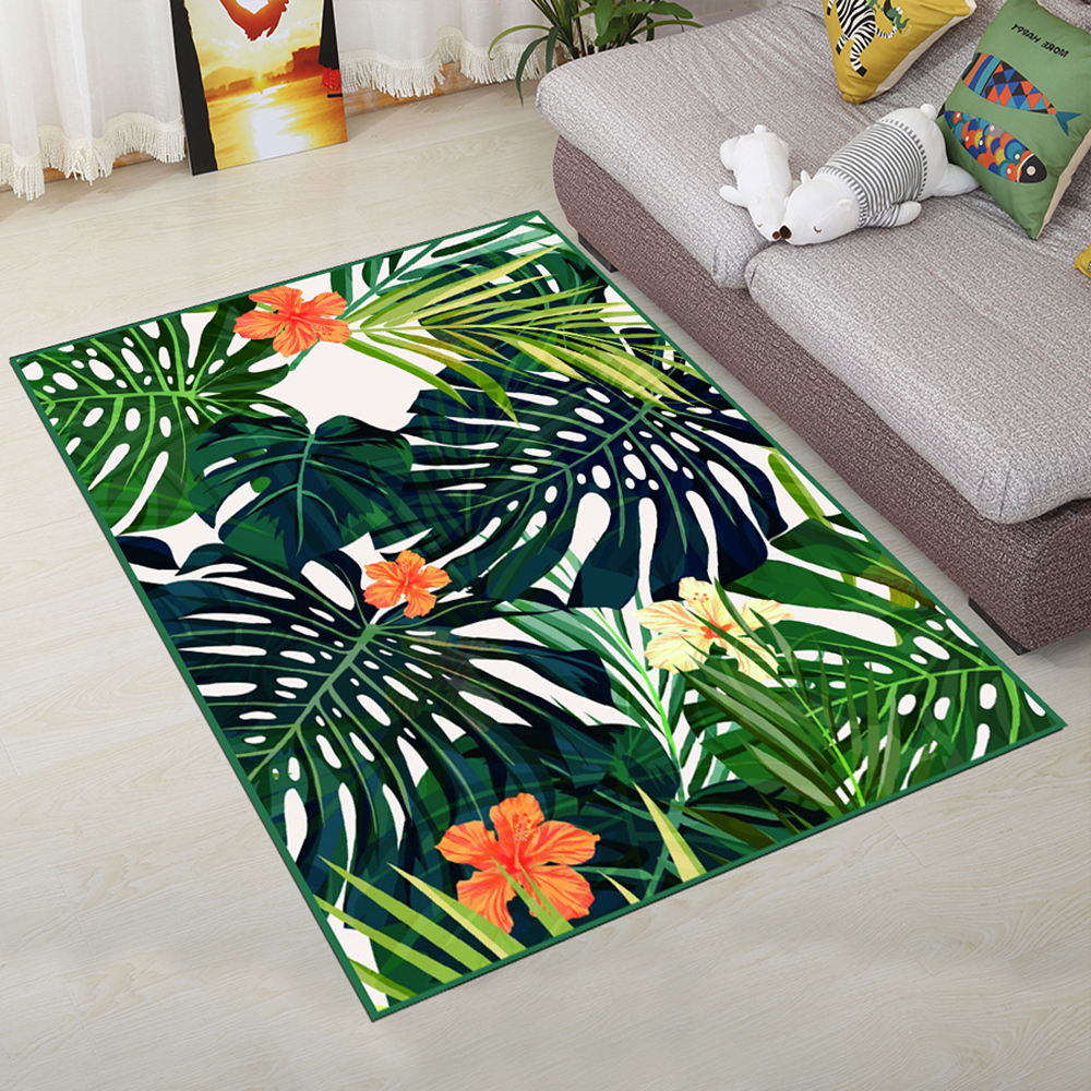 Home Rectangle Floor Mat Pastoral Green Leaves Pattern Supple Mat