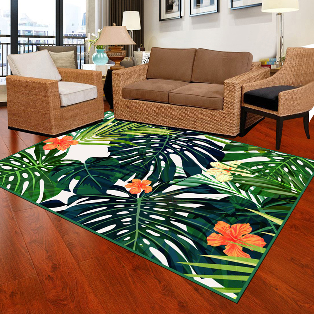 Home Rectangle Floor Mat Pastoral Green Leaves Pattern Supple Mat