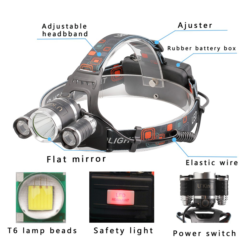 U'King ZQ-X807 1600LM 3 LEDs 4 Mode Portable Headlamp with Chargers and Batteries