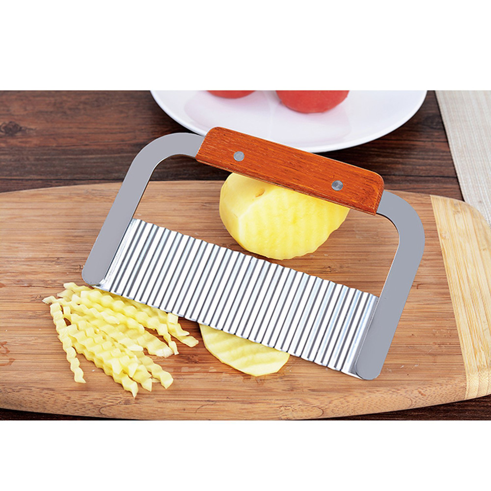 Wavy Crinkle Cutter Vegetable Dough French Fry Slicer Stainless Steel Blade Wooden Handle Chip Chopper Knife