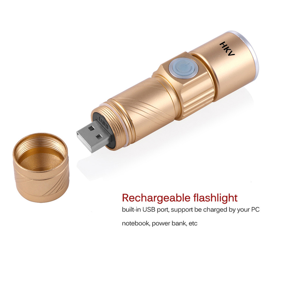 HKV USB Rechargeable LED Flashlight 5W Telescopic Focusing Built-In Lithium-ion Battery Flashlight