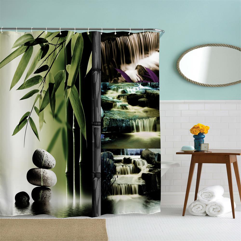 Bamboo Waterfall Polyester Shower Curtain Bathroom Curtain High Definition 3D Printing Water-Proof