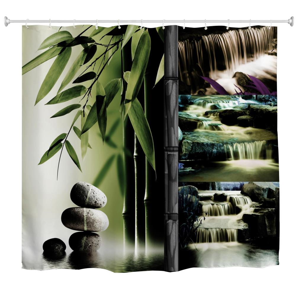 Bamboo Waterfall Polyester Shower Curtain Bathroom Curtain High Definition 3D Printing Water-Proof