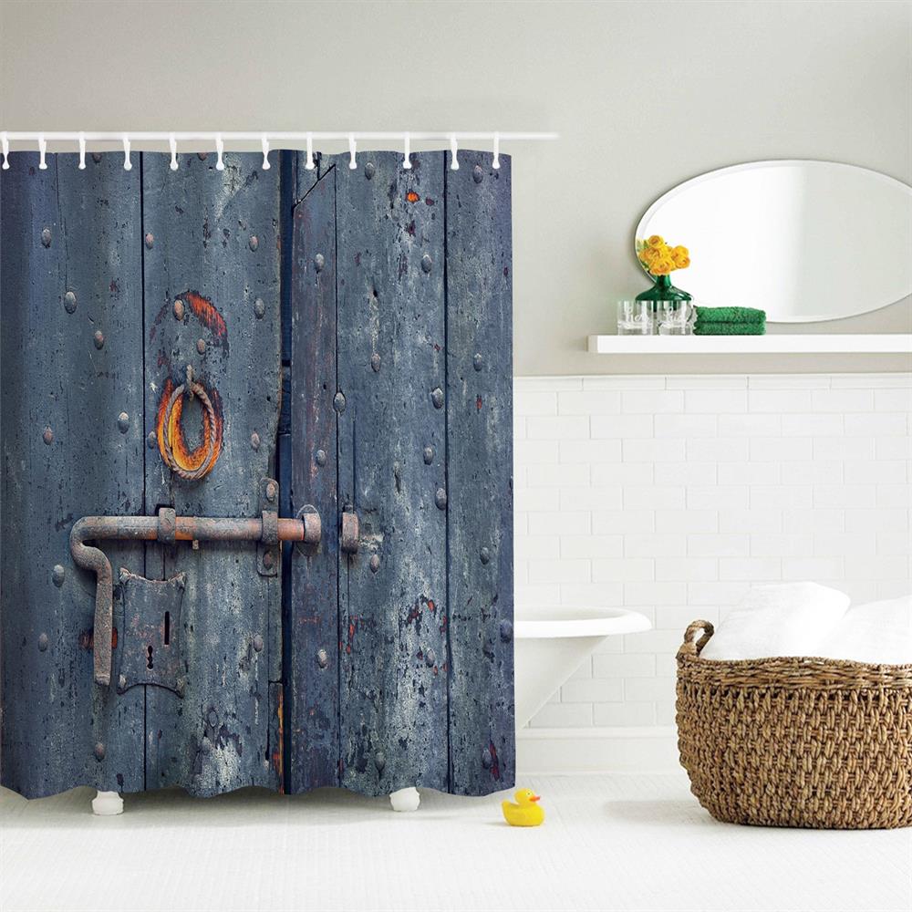 Burning Wooden Door Polyester Shower Curtain Bathroom Curtain High Definition 3D Printing Water-Proof