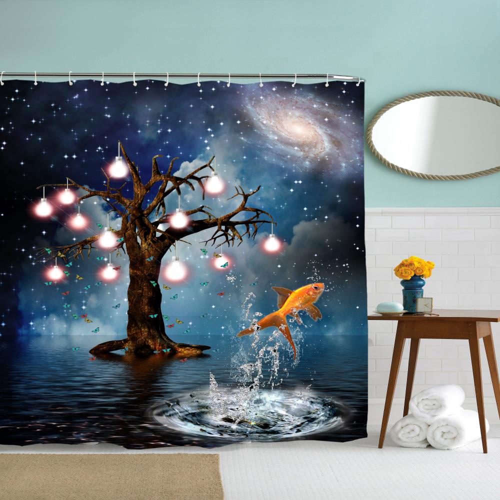 Flying Goldfish Polyester Shower Curtain Bathroom Curtain High Definition 3D Printing Water-Proof