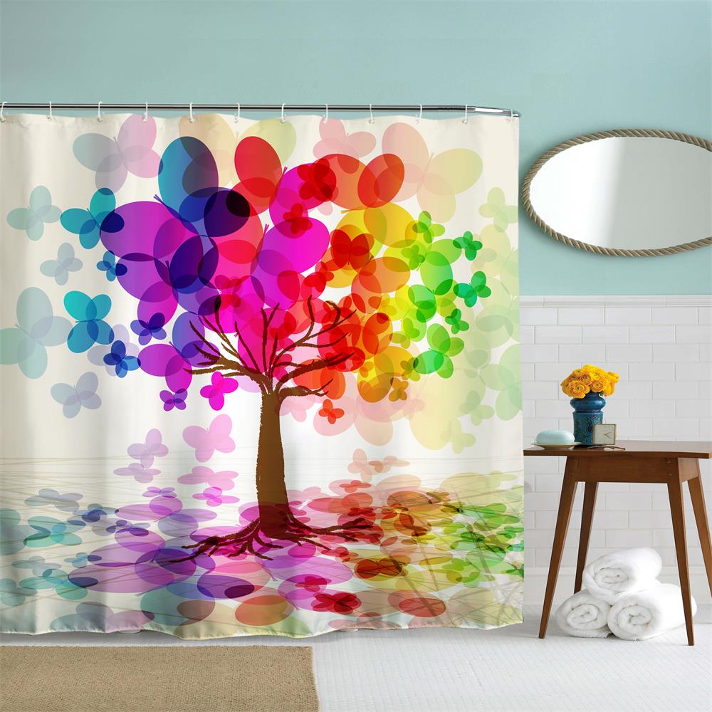 Colorful Tree Polyester Shower Curtain Bathroom Curtain High Definition 3D Printing Water-Proof