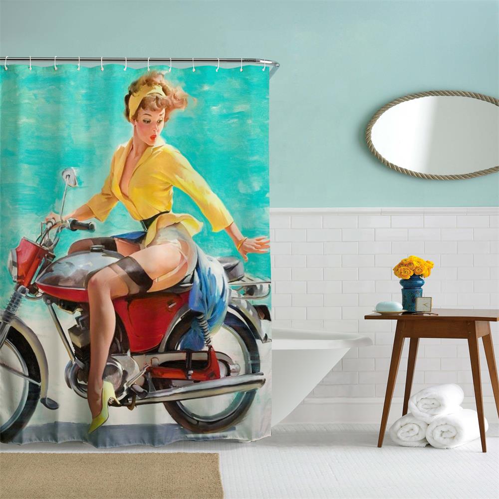 The Beauty on the Motorbike Polyester Shower Curtain Bathroom Curtain High Definition 3D Printing Water-Proof