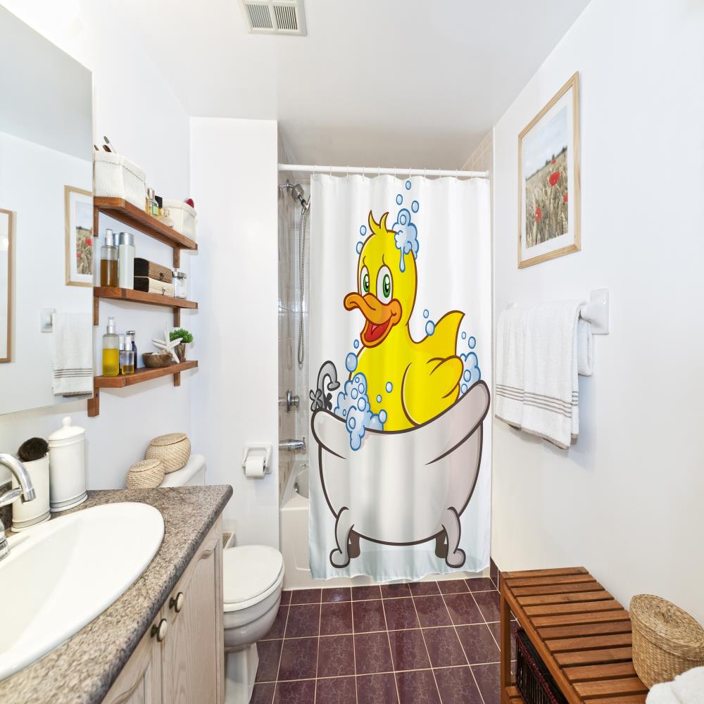Small Yellow Duck in Bath Polyester Shower Curtain Bathroom High Definition 3D Printing Water-Proof