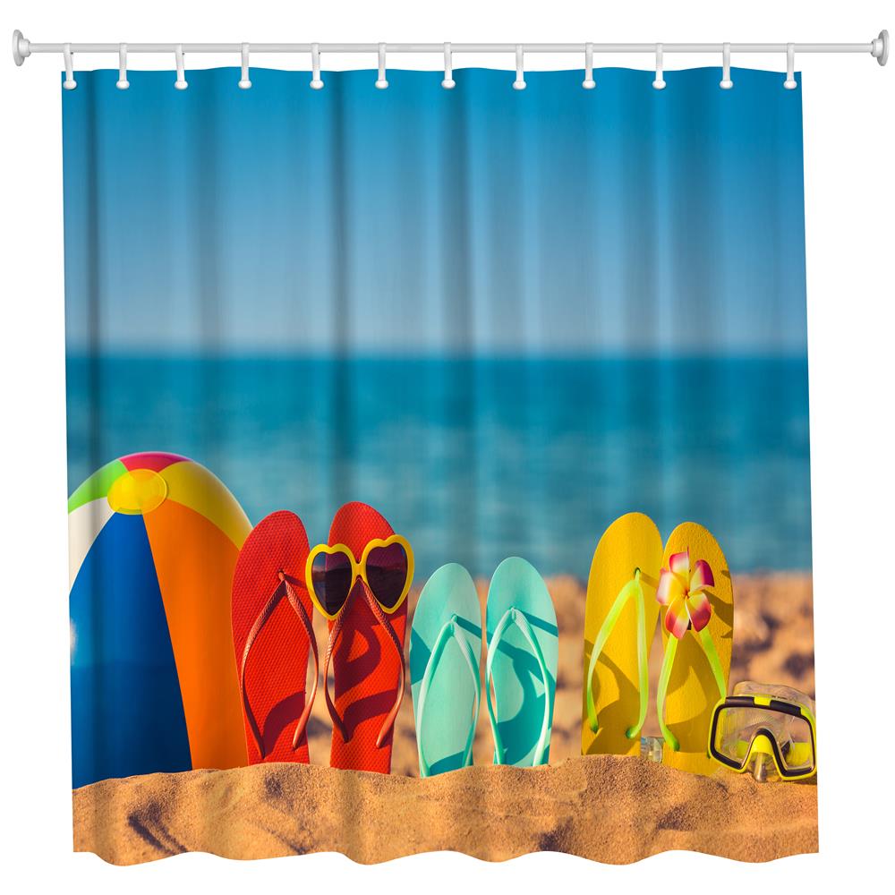 Funny Beach Shoes Polyester Shower Curtain Bathroom High Definition 3D Printing Water-Proof
