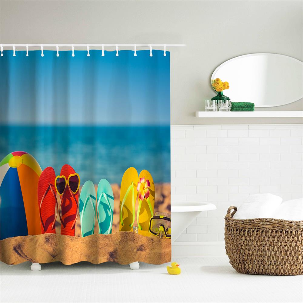 Funny Beach Shoes Polyester Shower Curtain Bathroom High Definition 3D Printing Water-Proof