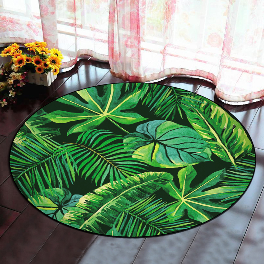 Living Room Floor Mat Fresh Style Lifelike Leaves Printed Pattern Round Mat