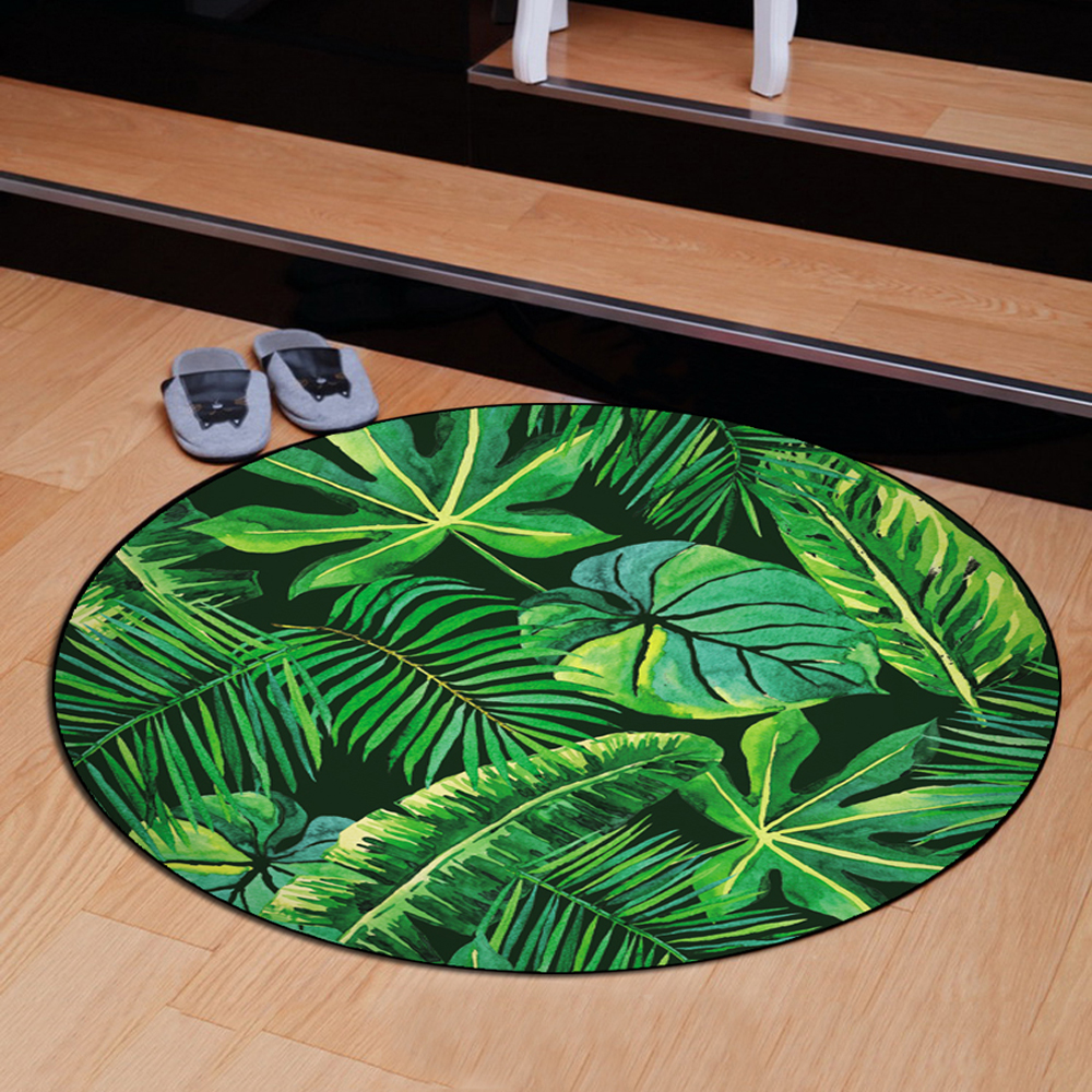 Living Room Floor Mat Fresh Style Lifelike Leaves Printed Pattern Round Mat