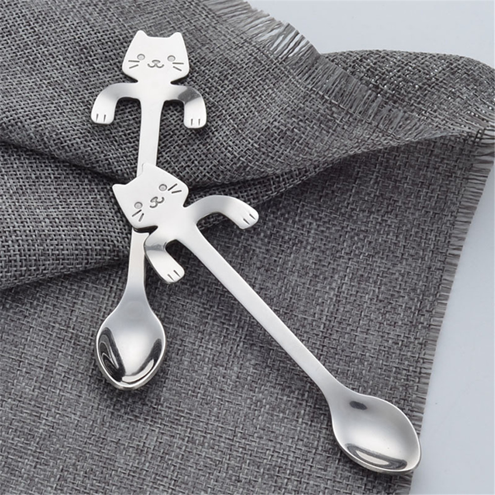 1PCS Stainless Steel Cartoon Cat Spoon Creative Coffee Spoon Ice Cream Candy Teaspoon Kitchen Supplies Tableware 5 Color