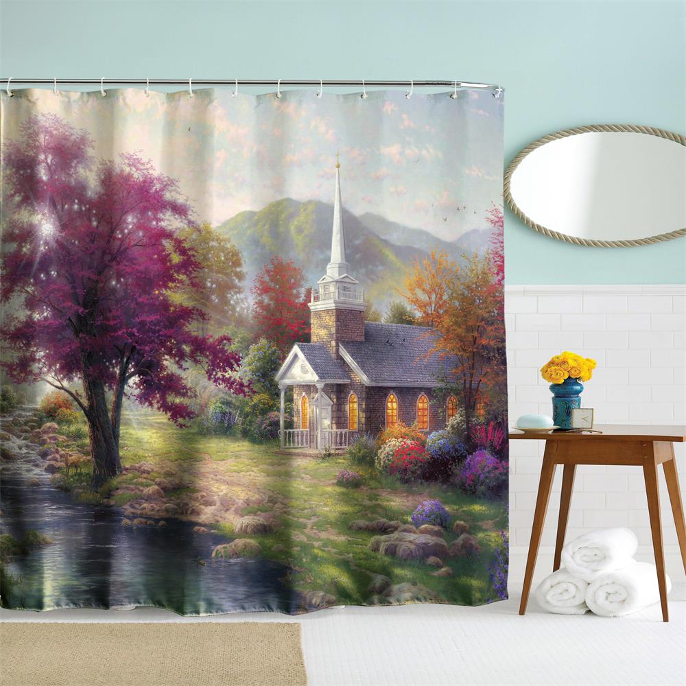 Oil Painting Town 1 Polyester Shower Curtain Bathroom High Definition 3D Printing Water-Proof