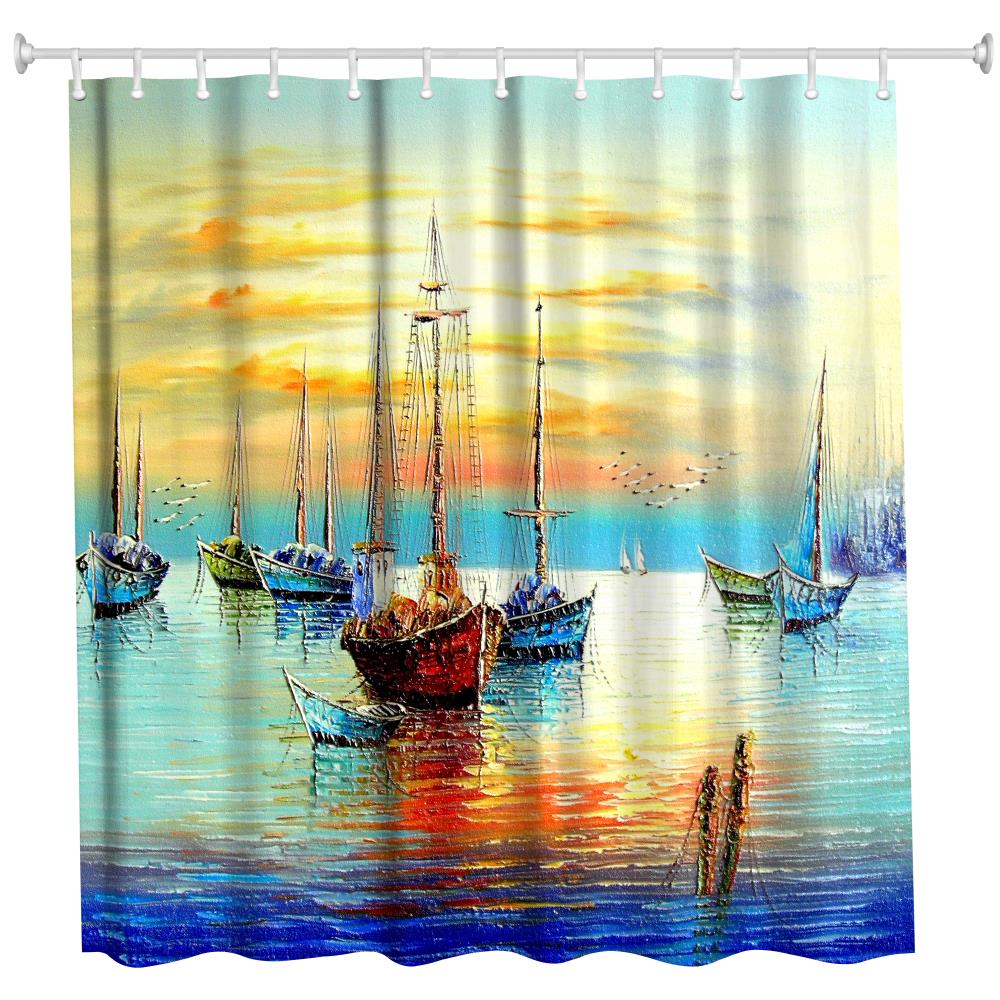 Oil Boat Polyester Shower Curtain Bathroom High Definition 3D Printing Water-Proof