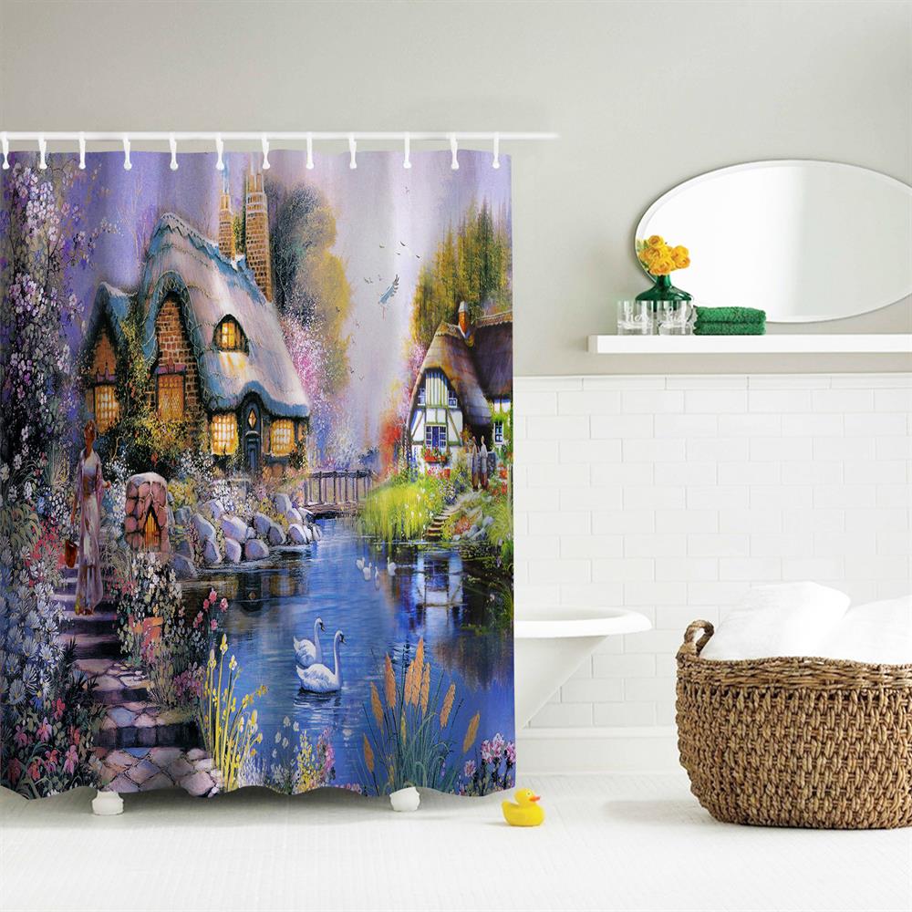 Oil Painting Town 3 Polyester Shower Curtain Bathroom High Definition 3D Printing Water-Proof