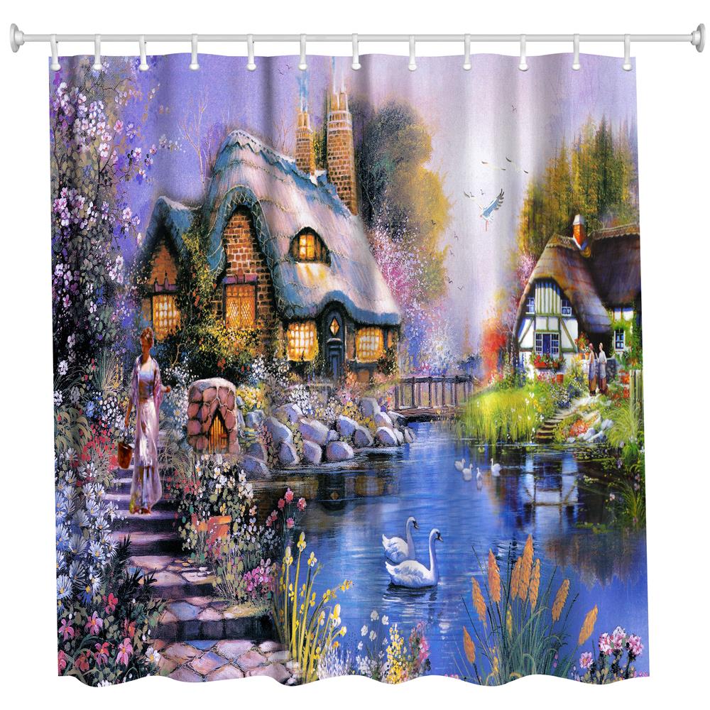 Oil Painting Town 3 Polyester Shower Curtain Bathroom High Definition 3D Printing Water-Proof