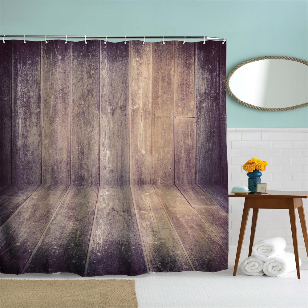 Hardwood Flooring 8 Polyester Shower Curtain Bathroom High Definition 3D Printing Water-Proof