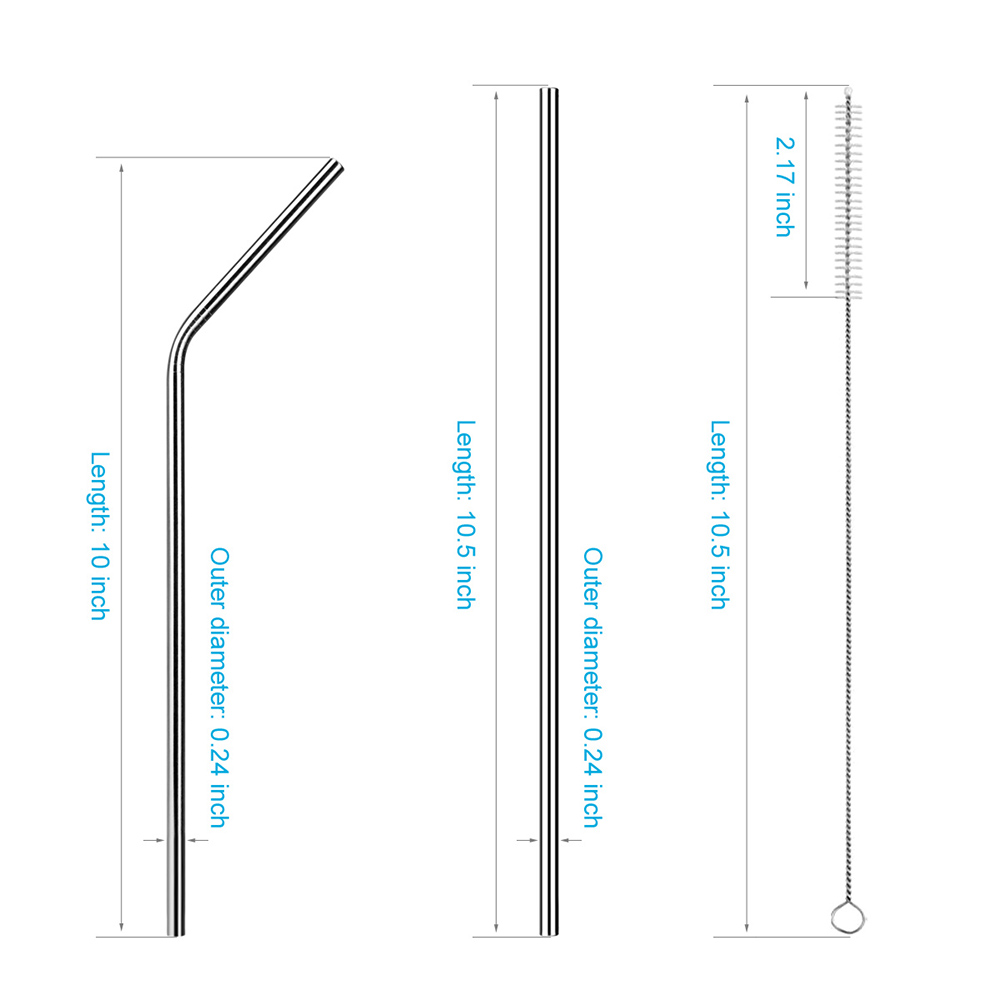 Food Grade Stainless Steel Metal Reusable Drinking Straws Set for Cocktail Latte Iced Tea with 2 Cleaning Brushes