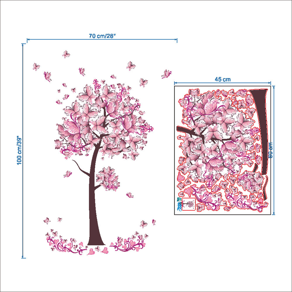 Pink Butterfly Flower Tree Wall Sticker For Home Room Decoration Waterproof Removable Decals