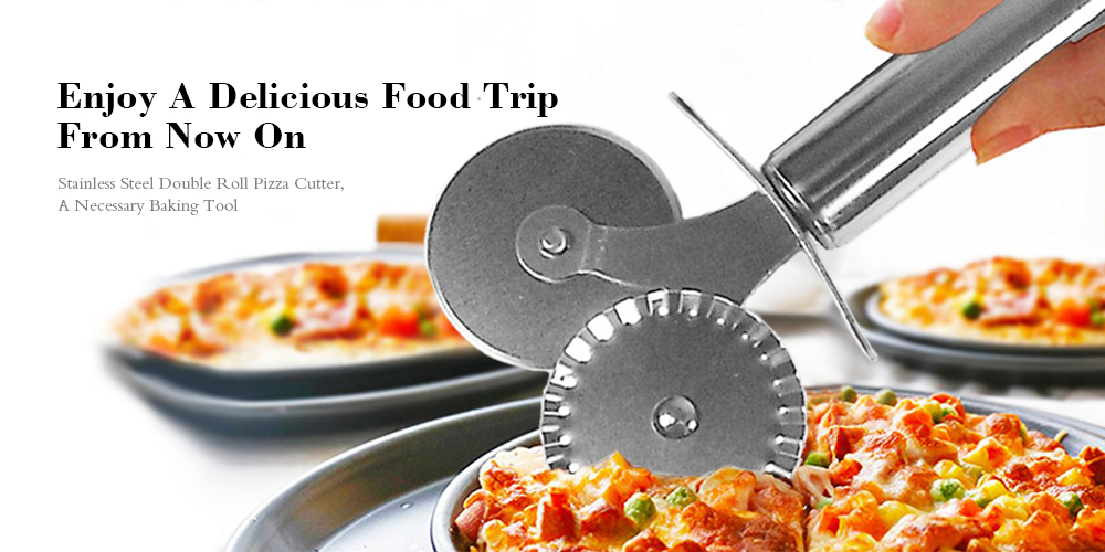 Double Roll Pizza Cutter Stainless Steel Pastry Dough Crimping Machine Round Hob Lace Kitchen Knife Tool